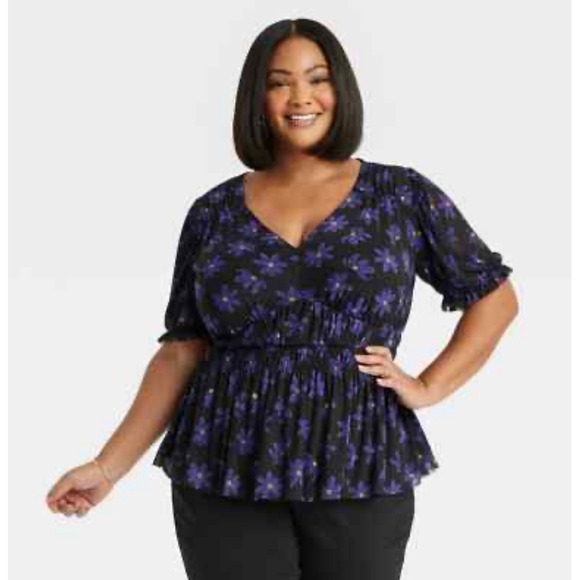 Ava & Viv Tops - Ava & Viv Women's Slim Fit Puff Elbow‎ Sleeve V-Neck Mesh Top Blue Floral XXL